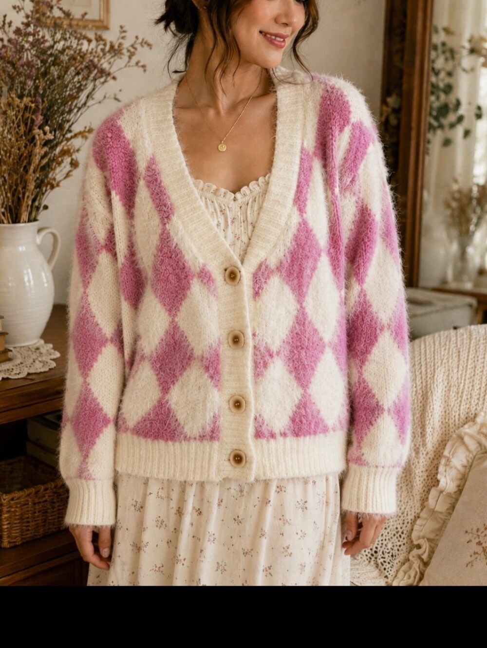 POL Pink Cream Argyle Fuzzy Knit Cardigan Sweater Women's Size S Cozy Chunky